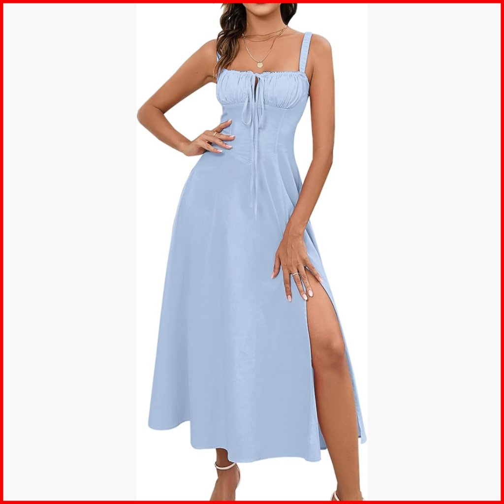 Summer Midi Dress Corset Back Square Neck A-Line Formal Casual